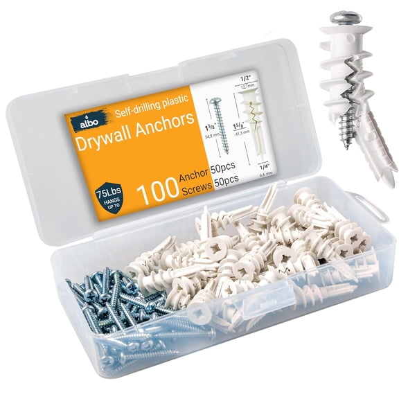 ALBO 100 Pcs. Self Drilling Drywall Anchor Set for Hollow Wall, White