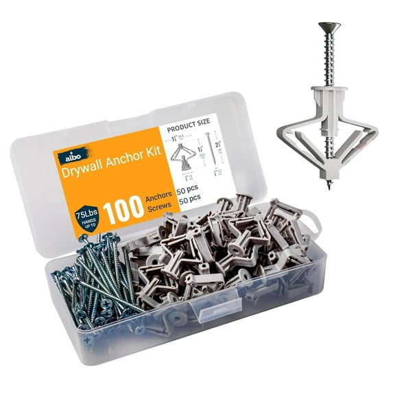 ALBO Drywall Anchor Kit Hollow Wall with Screws 100 pcs. (Grey Anchor 50pcs + Screws 50pcs) Plastic Hollow Wall Drilling Anchors with Screws Drywall Anchors Butterfly.