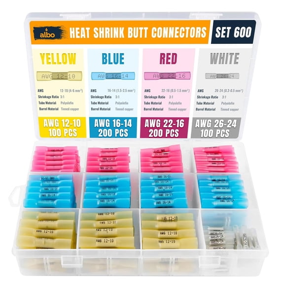 ALBO Set 400 PCS 26-10 AWG Mixing Heat Shrink Butt Connectors - Tinned Copper - Marine Grade Insulated Crimp Wire Connectors - Waterproof Electrical Connectors - Butt Splice for Auto, Marine, Stereo