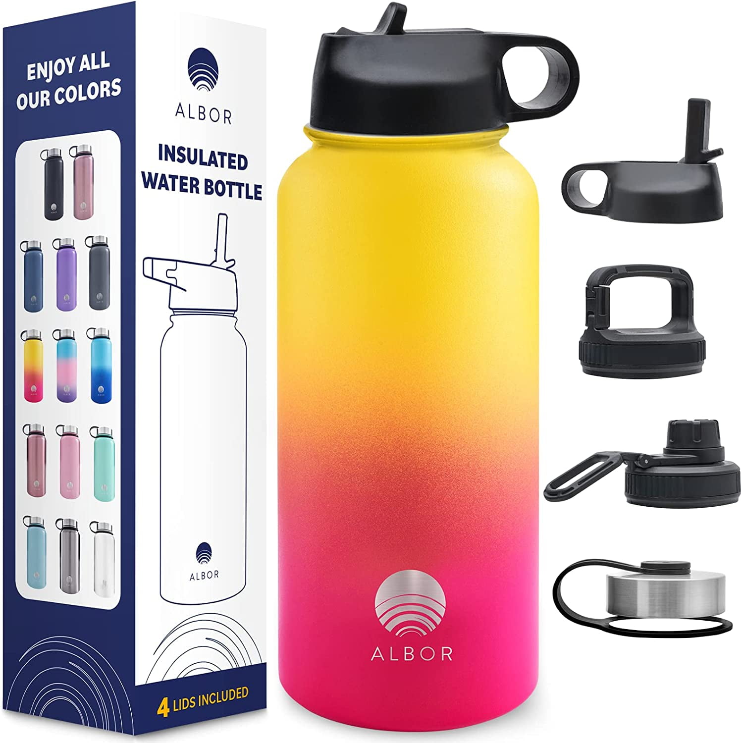 ALBOR Triple Insulated Water Bottle with Straw and 4 interchangeable lids  Stainless Steel And Leak Proof 32 Oz Ombre Yellow Peach
