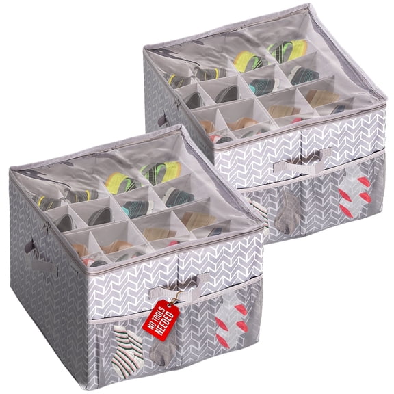 ALCOVA 2 Packs Shoe Organizer for Closet, Sandal Organizer with Mesh Pocket, Shoe Storage Box w/Adjustable Dividers, And Clear Lid Cover, Shoe Storage Closet Fits up to 32 Pairs