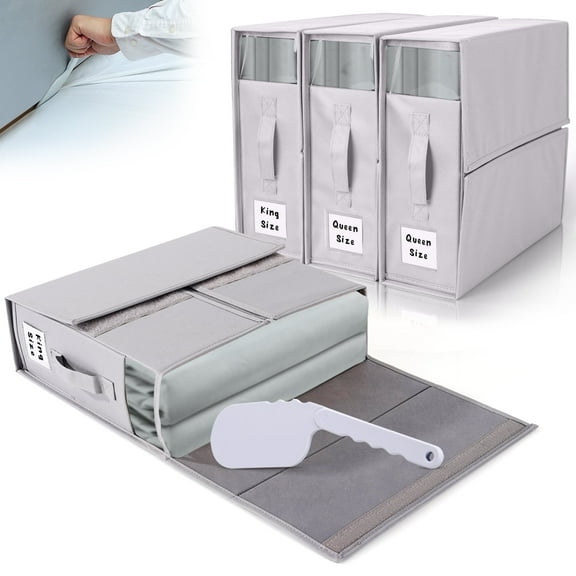 ALCOVA 4 Pack Sheet Organizers and Storage with Sheet Tucker, Queen & King Size, Gray, Fabric