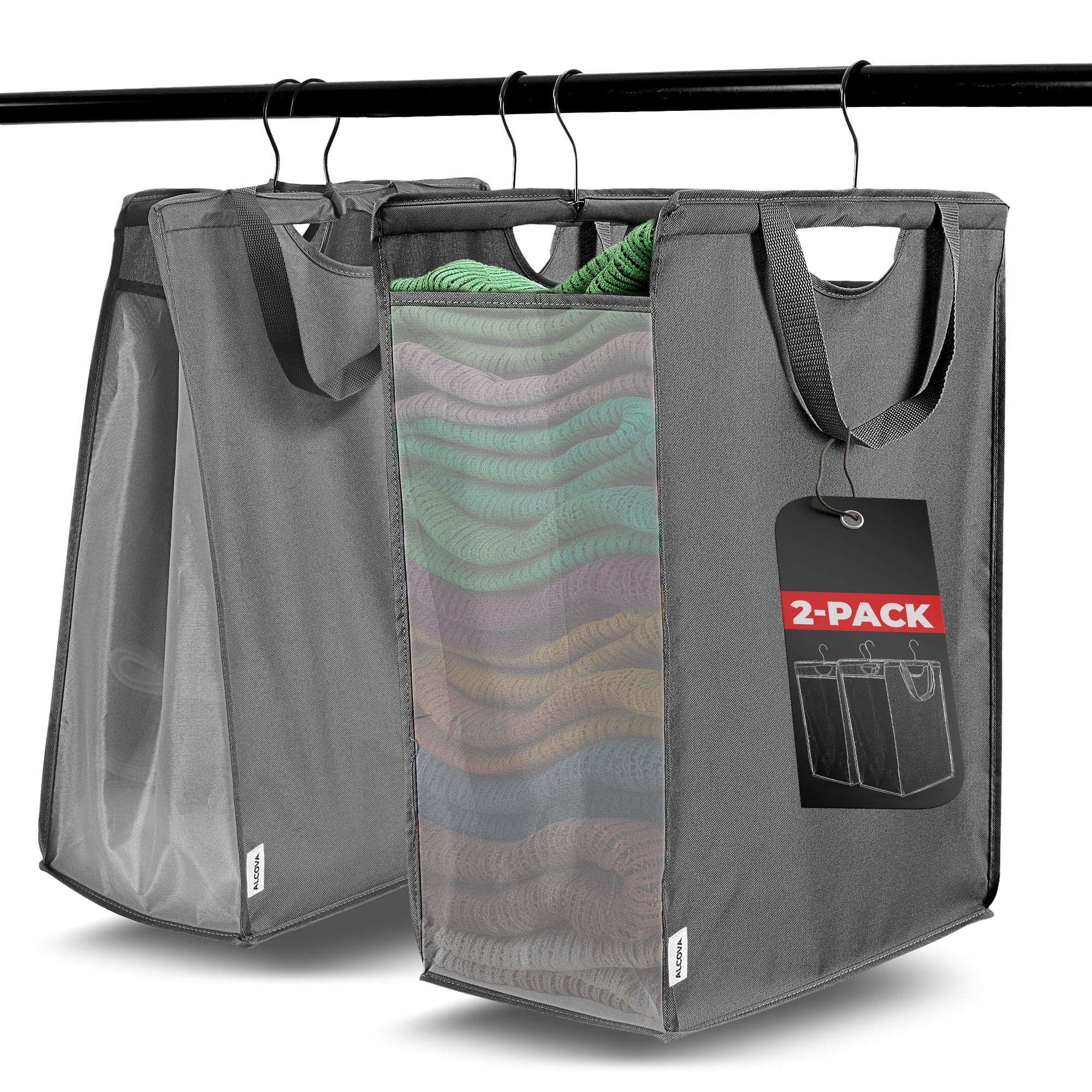 ALCOVA Hanging Laundry Hamper, Slim Space-Saving Hanging Closet Laundry Bags, Heavy Duty Mesh Bag with Handles and Hooks, Grey (2 pack)