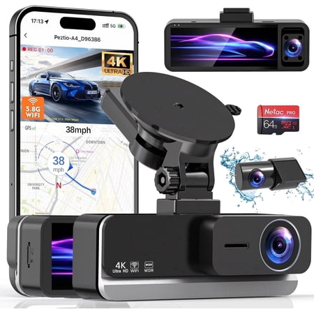 4K 3 Channel Dash Cam,4K+2.5K+2.5K Front Inside and Rear Car Dash Camera,3.39”Screen,Night Vision,Loop Recording, G-Sensor, WDR, Parking Mode,App Control
