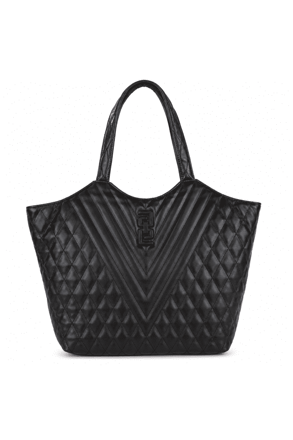 Quilted Tote Bag for Women, Black Faux Leather Shoulder Handbag with Double Handles