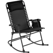 ALDOBF Folding Outdoor Rocking Chair with Armrest, Portable Heavy Duty Camping Chair for Adults with Cup Holder & Side Pocket-Black