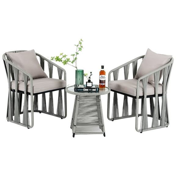ALEAVIC 3 Pieces Rattan Wicker Bistro Set, Gray Outdoor Furniture Set with Glass Top Table