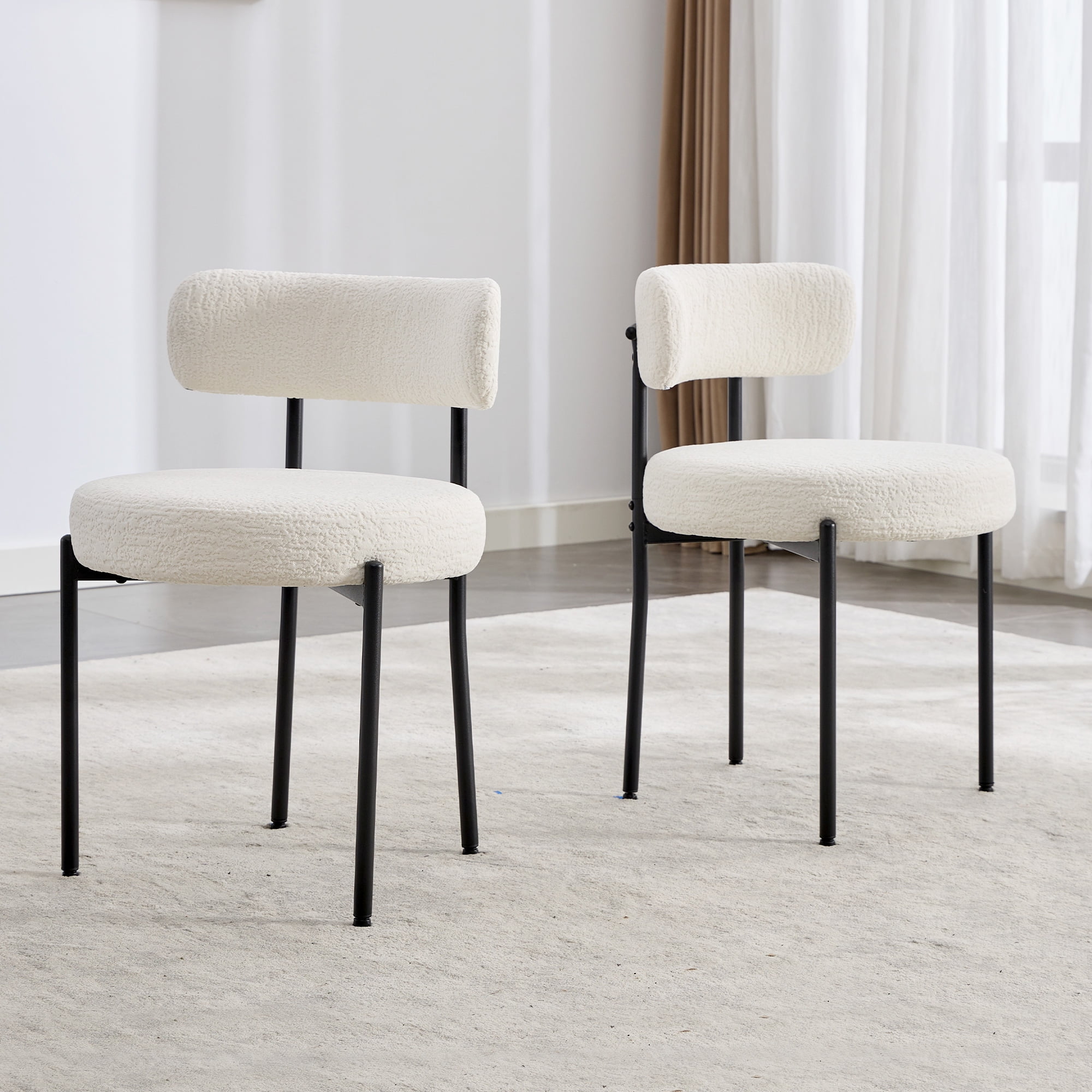 White Boucle Upholstered Dining Side Chairs with Black Metal Legs, Set of 2