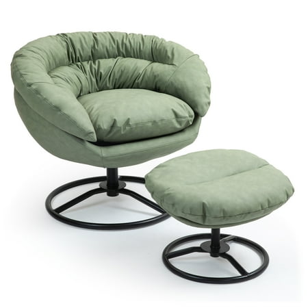 ALEAVIC PU Leather Accent Chair with Ottoman, Mid Century Modern Lounge Chair with Footrest, Swivel Reading Chair for Living Room Bedroom, Green