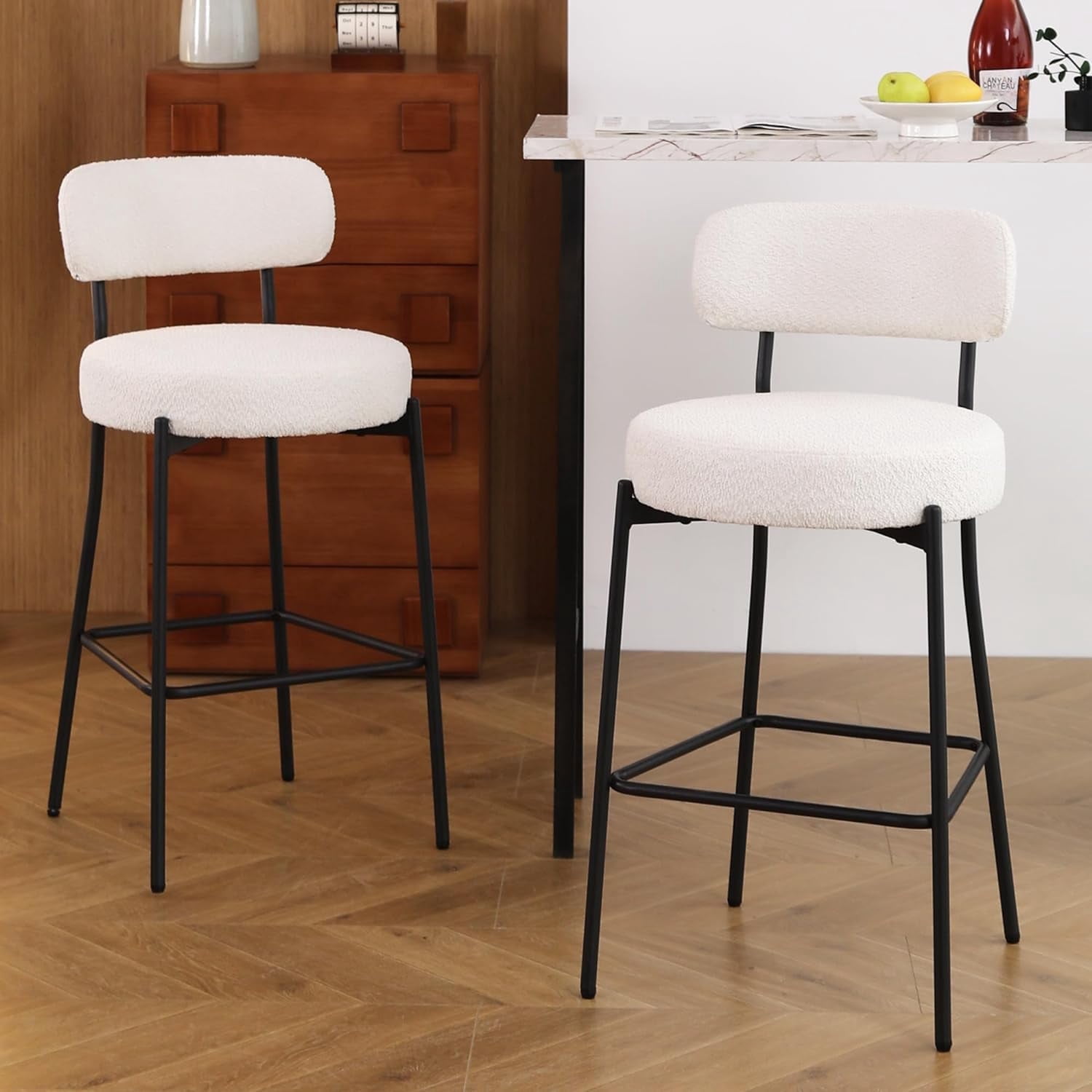 ALEAVIC Set of 2 Boucle Bar Stools Height Kitchen Dining Chairs with ...