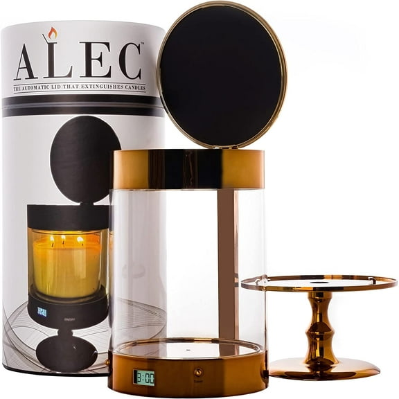 ALEC {Old Plastic Model} Clear Hurricane Automatic Candle Holder & Extinguisher with Rechargeable Timer Lid & Stand | Large Bronze Pillar & Votive Candle Holders