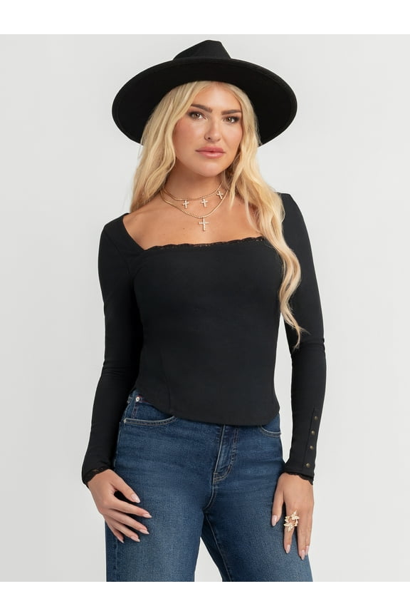 Women's and Women's Plus Aleera Ribbed Knit Top with Lace Trim, Sizes XS-4X