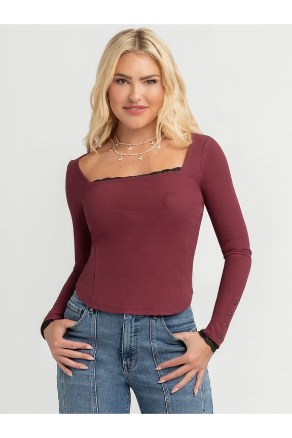 Women's and Women's Plus Aleera Ribbed Knit Top with Lace Trim, Sizes XS-4X