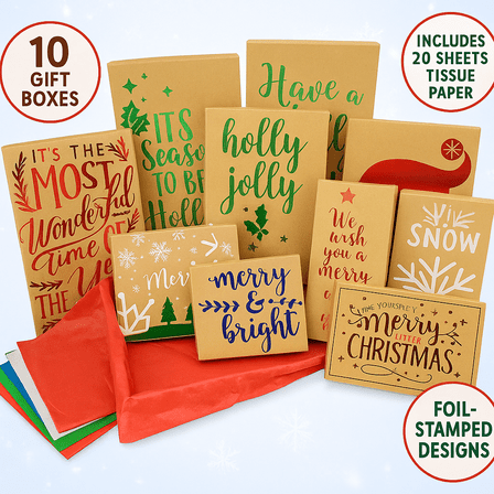 ALEF Christmas Kraft Gift Boxes and Tissue Paper Set – 30-Piece Holiday Bundle with Foil Designs (10 Boxes & 20 Tissue Sheets)