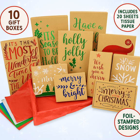 ALEF Christmas Kraft Gift Boxes and Tissue Paper Set – 30-Piece Holiday Bundle with Foil Designs (10 Boxes & 20 Tissue Sheets)