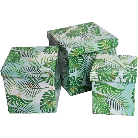 ALEF Elegant Decorative Themed Nesting Gift Boxes -3 Boxes- Nesting Boxes Beautifully Themed and Decorated! (Sq Leaf Pattern)