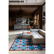 ALEF HOME, Geometric Rug, Nonslip, Art Deco, Tufted, Multicolor, Blue Grid, Area Rug, 5' x 8', Quick Dry, Indoor.