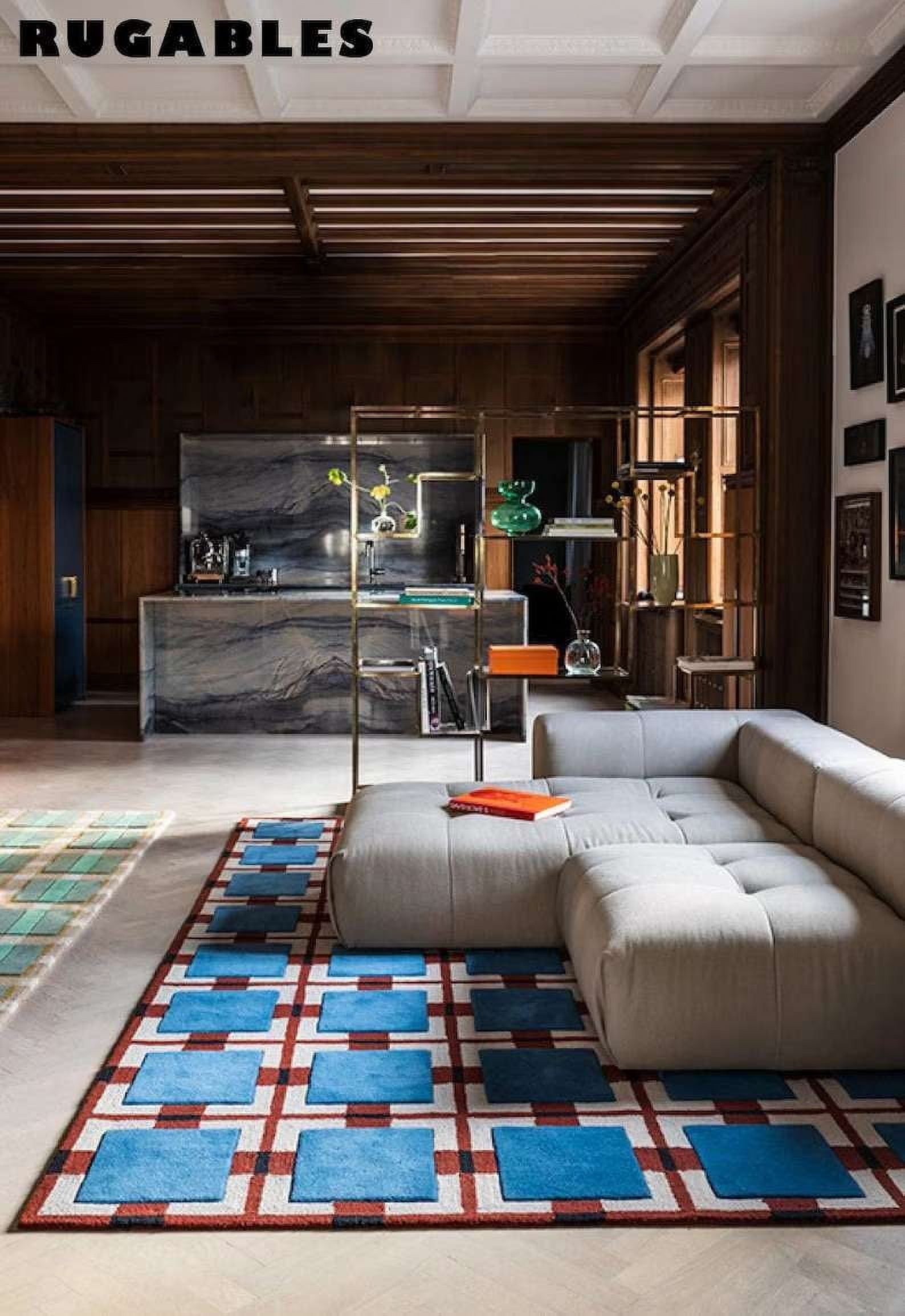 ALEF HOME Geometric Rug, Nonslip Art Deco Tufted Multicolor Blue Grid ...