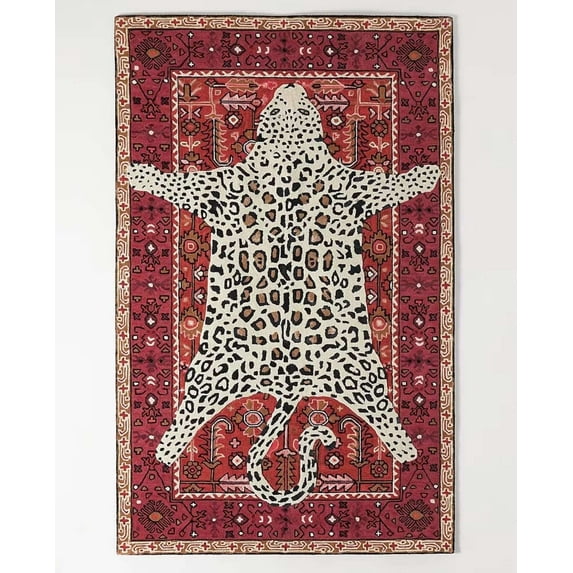 ALEF HOME Animal Motif Rug Collection Luxury Animal Print Collection Art Deco Tufted Red Leopard Print Design Area Rug, 5' x 8', Quick Dry