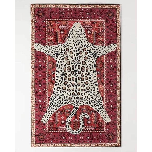 ALEF HOME Animal Motif Rug Collection Luxury Animal Print Collection Art Deco Tufted Red Leopard Print Design Area Rug, 8' x 10', Quick Dry