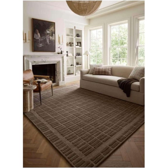 Hand-Tufted Wool Area Rug 5×8 ft – 100% New Zealand Wool Carpet with Grid Pattern for Living Room, Bedroom, Dining Room, Lounge, Kids Playroom & Home Decor, Brown