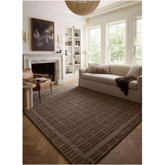 Hand-Tufted Wool Area Rug 9×12 ft – 100% New Zealand Wool Carpet with Grid Pattern for Living Room, Bedroom, Dining Room, Lounge, Kids Playroom & Home Decor, Brown