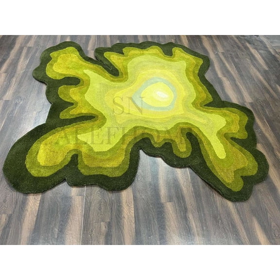 Hand-Tufted Wool Rug, Modern Irregular Shaped Area Rug for Living Room Bedroom Kids Playroom Dining Room Kitchen Decor | Illusion Pattern Carpet Moes Green 5x5 ft