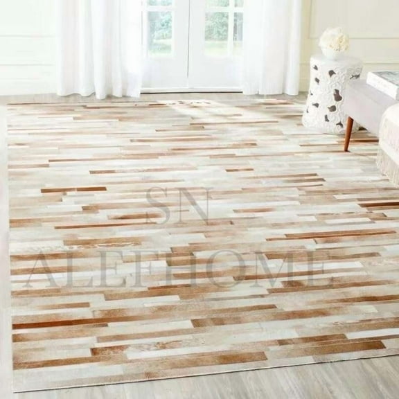 ALEF HOME Handcrafted Patchwork Leather Hairon Cowhide Rug | Luxurious Striped Design Area Rug |Non-Slip Carpet for Living Room & Bedroom(Beige-4 x 6)