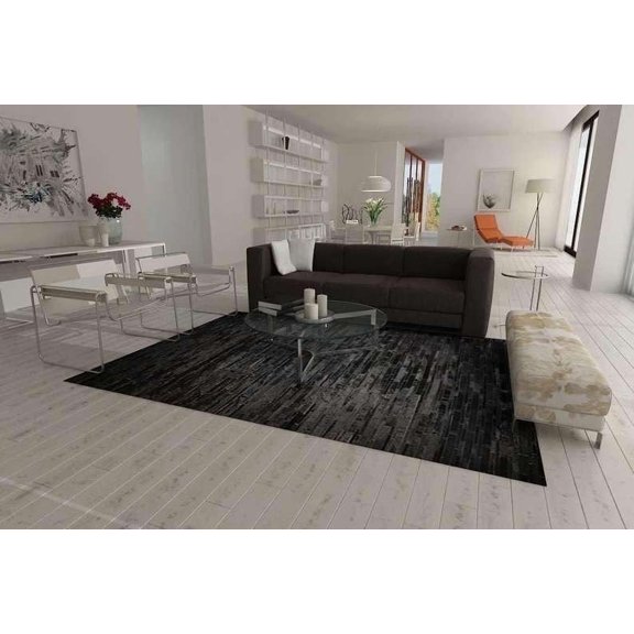 ALEF HOME Patchwork Striped Black Leather Hairon Cowhide Hide Rug, 3 x 12, Handcrafted Non-Slip