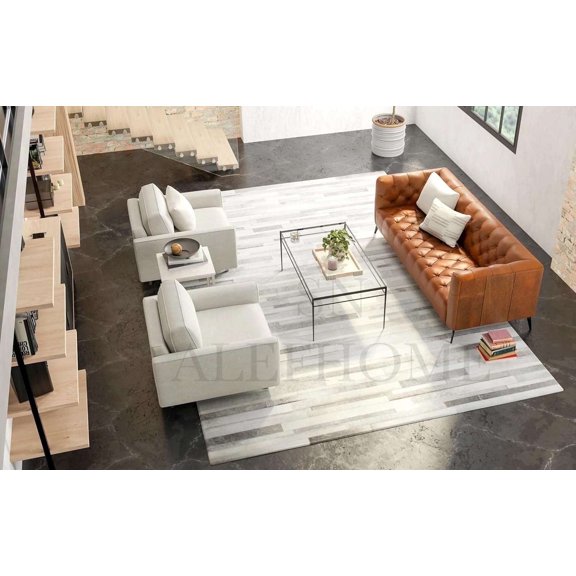 ALEF HOME Handcrafted Patchwork Leather Hairon Cowhide Rug | Luxurious Striped Design Area Rug |Non-Slip Carpet for Living Room & Bedroom(Silver-6 x 9)