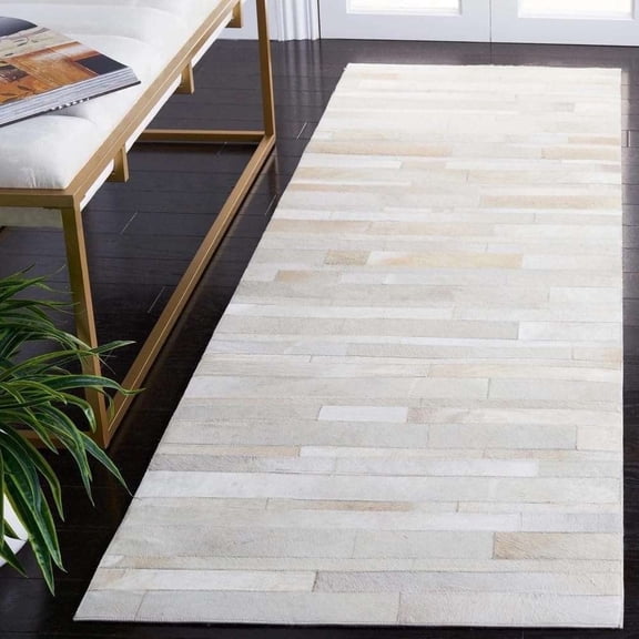 ALEF HOME Handcrafted Patchwork Leather Hairon Cowhide Rug | Luxurious Striped Design Area Rug |Non-Slip Carpet for Living Room & Bedroom(White-9.9 x 14)