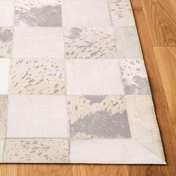 ALEF HOME Modern Rustic Patchwork Grey Area Rug, 4X6, Luxurious Soft Genuine Leather