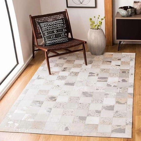 Modern Rustic Grey Cowhide Leather Area Rug 8x10 Ft, Handmade Hair on Hide Rug with Wool Backing, Low Pile Luxury Carpet for Living Room Bedroom Office