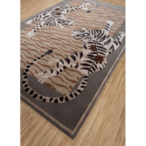 8×10 Ft Hand Tufted Wool Area Rug Tiger Animal Pattern | Soft Cozy Plush Pile Carpet For Living Room Bedroom Kids Playroom Western Home Decor | Beige & Brown