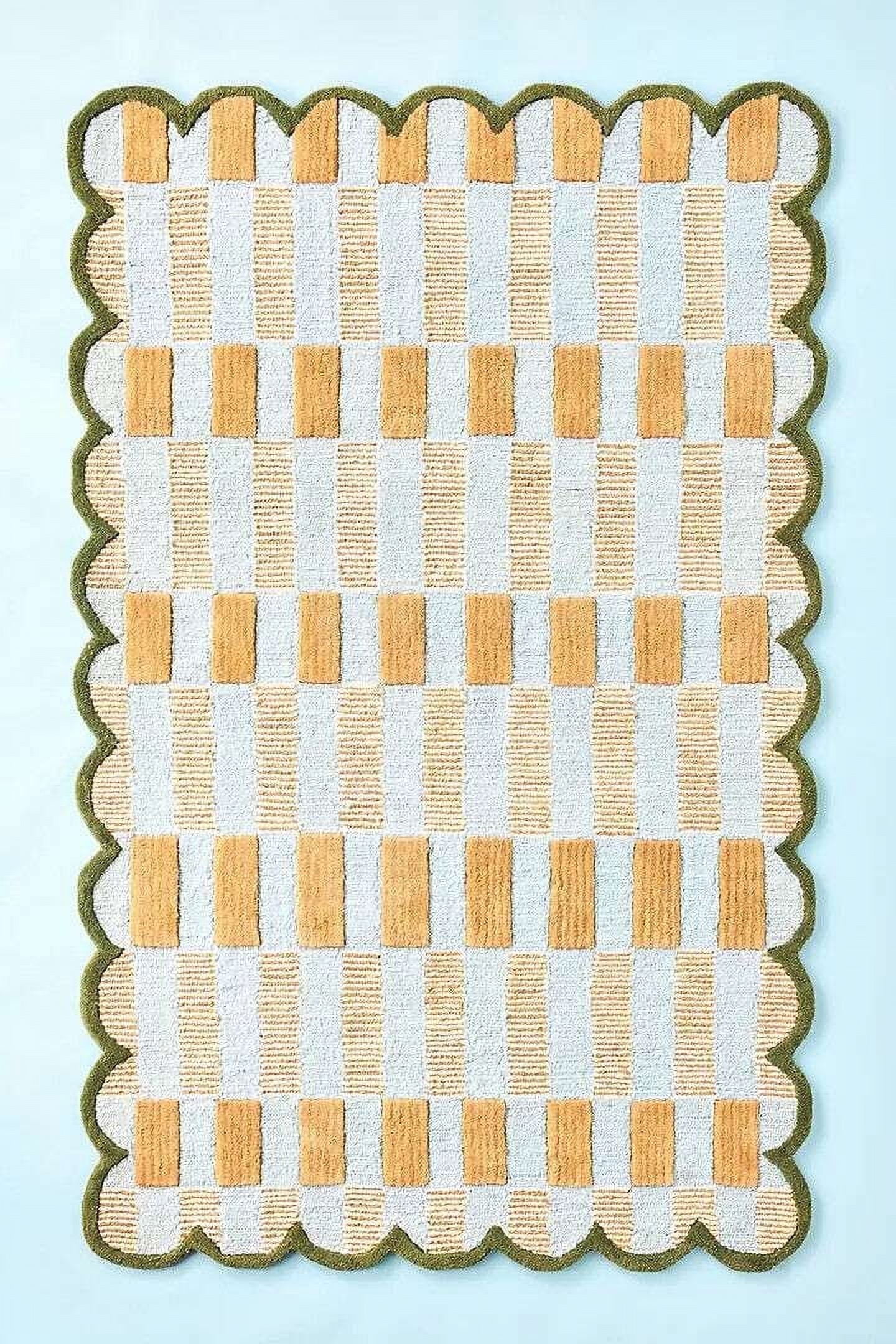 ALEF HOME Tufted Area Rug 8x10 - Yellow Beige Geometric Striped Pattern - Scalloped Edge Bedroom Living Room Rug - Soft Shag Style Indoor Carpet