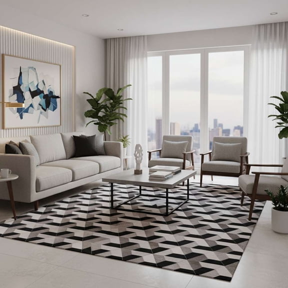ALEF HOMEGeometric Black & White Cowhide Area Rug | Faux Leather Carpet for Bedroom Living Room Home Office Western Decor(White-4 x 6)