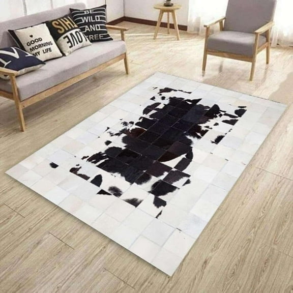 ALEF HOMEPatchwork Faux Cowhide Area Rug | Black and White Geometric Leather Carpet for Bedroom, Living Room, Office & Western Home Décor(Black-4 x 6)