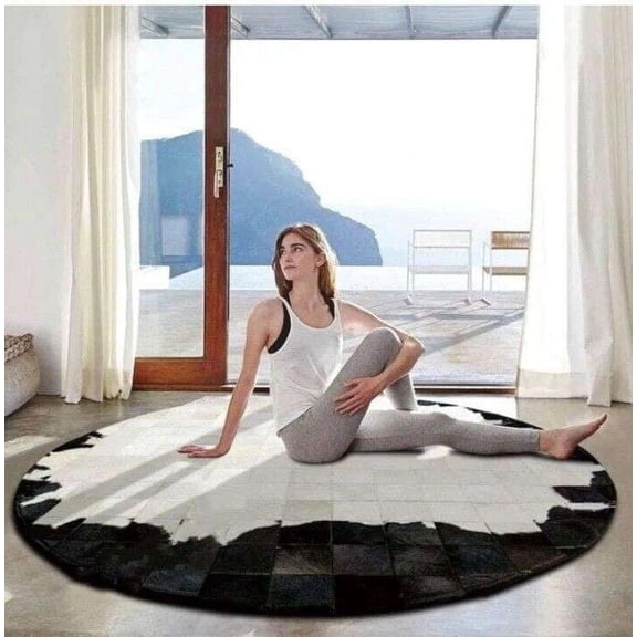 ALEF HOMERound Geometric Patchwork Cowhide Leather Area Rug | Washable Non-Slip Carpet for Living Room, Bedroom & Home Décor(White & Black -8x8)