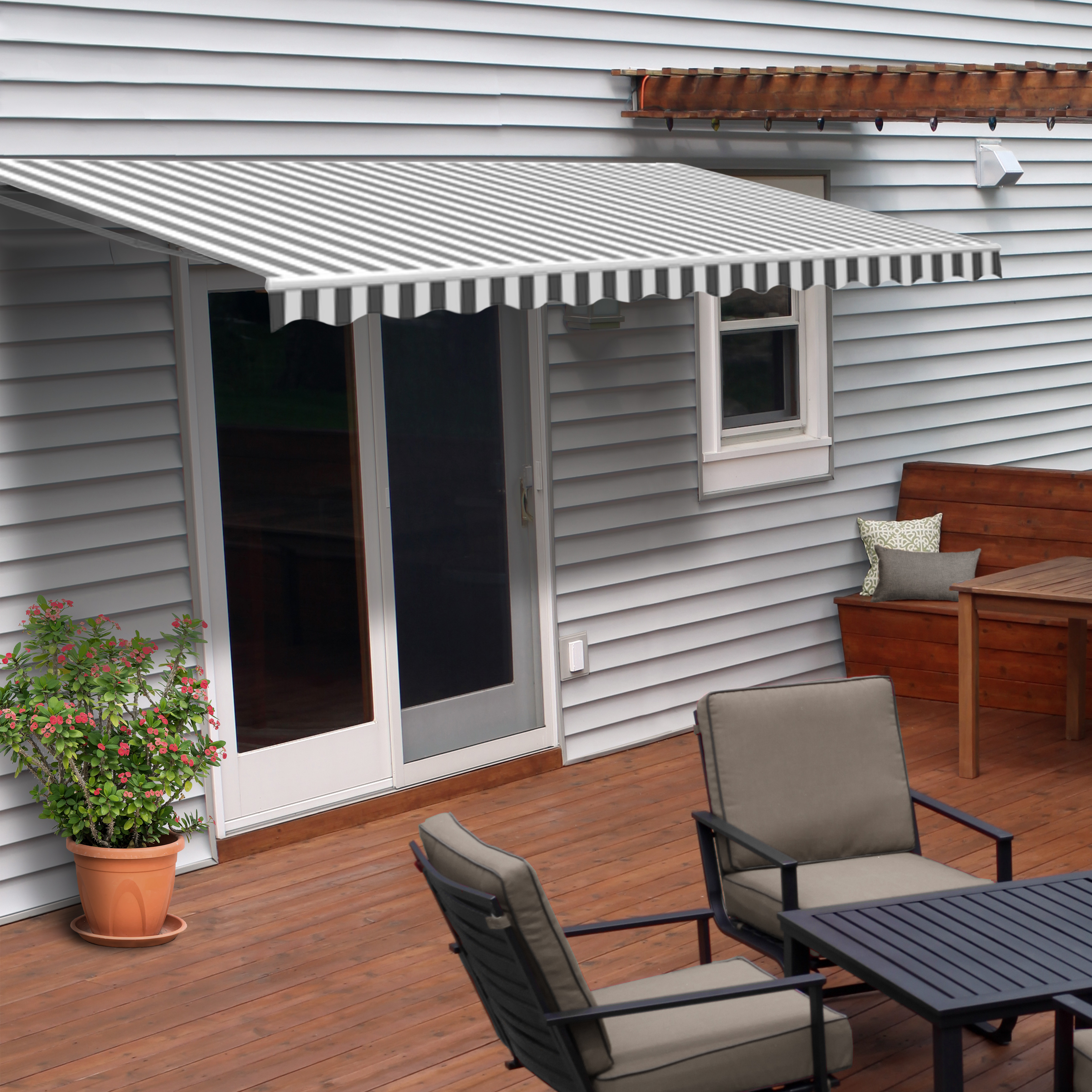 ALEKO 12' x 10' Retractable Patio Awning, Gray and White Striped Color - image 1 of 13