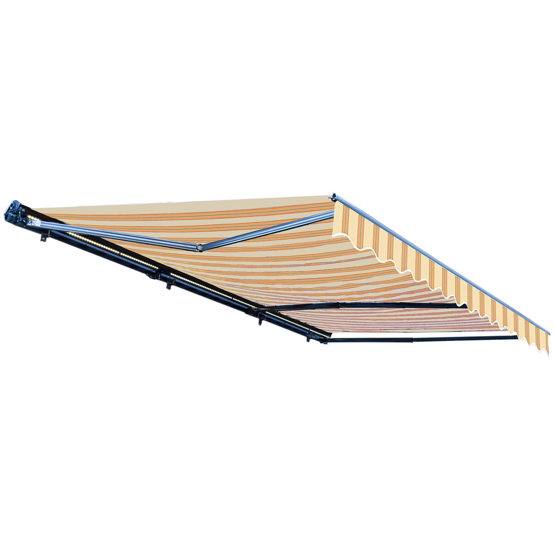 Yellow Striped Semi-Cassette Motorized Patio Awning with LED Lights