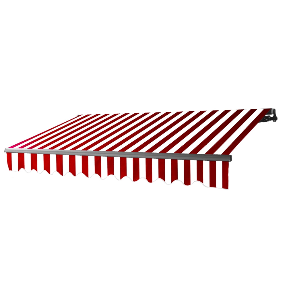 Red and White Striped Motorized Retractable Patio Awning with Black Frame