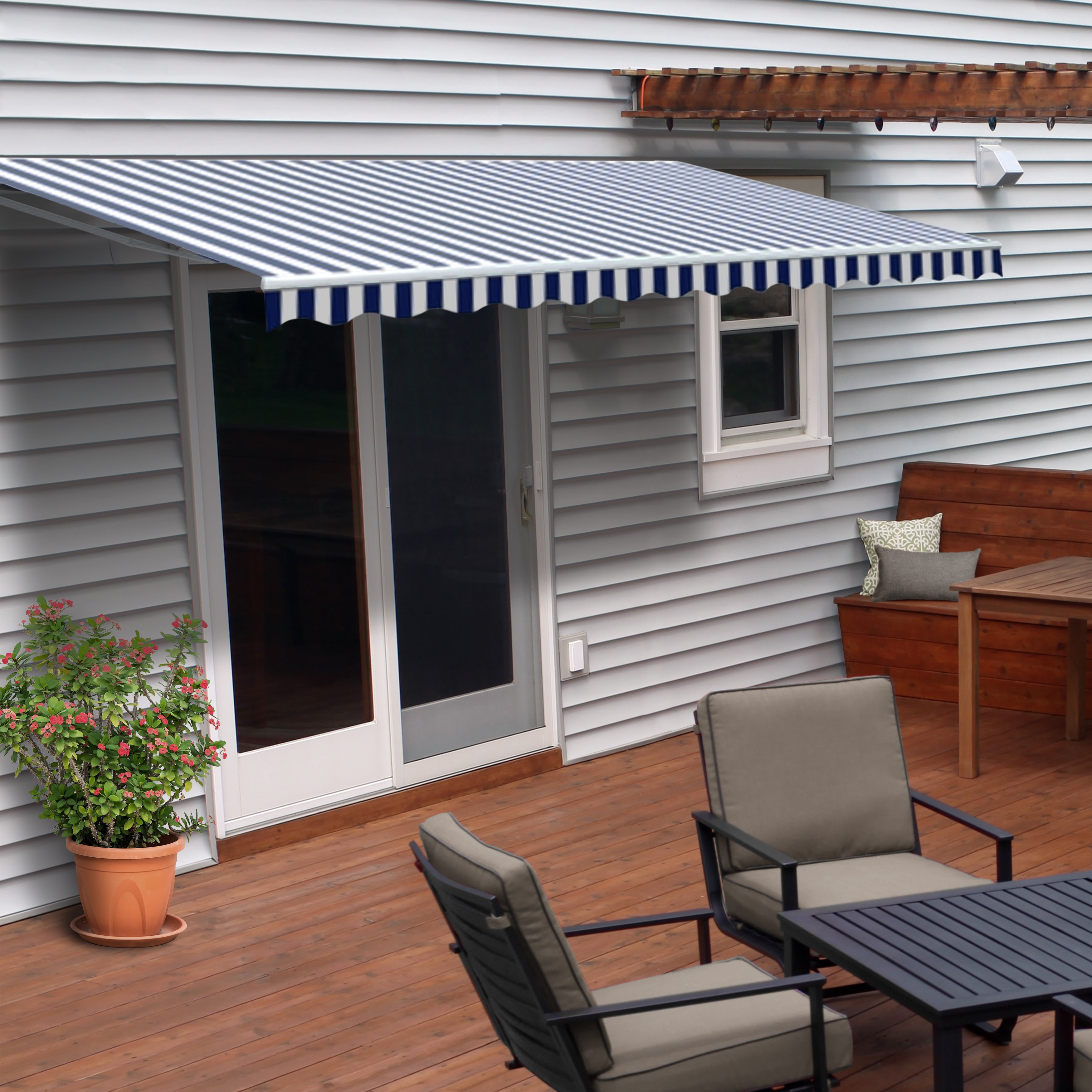 ALEKO 16' x 10' Retractable Motorized Patio Awning, Blue and White Striped Color