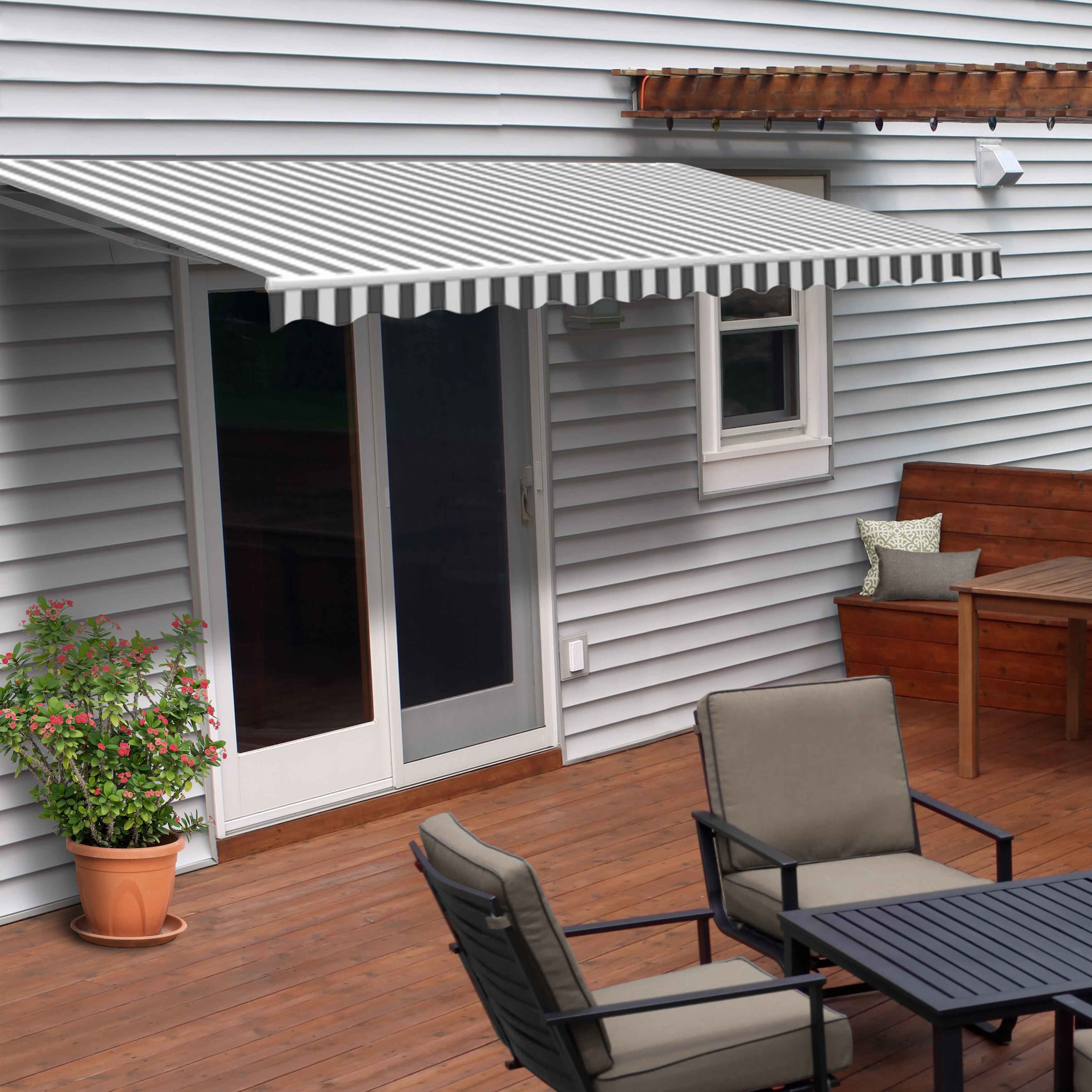 Motorized Gray and White Striped Retractable Patio Awning
