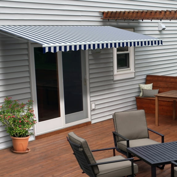 ALEKO Retractable Blue and White Striped Patio Awning, 13' x 10', Includes Frame and Handle Crank