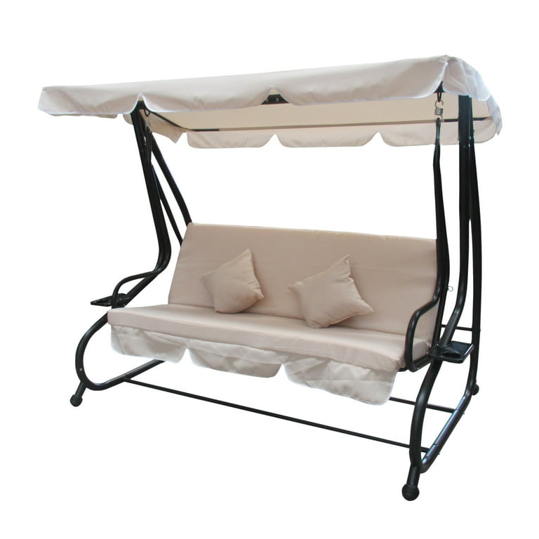 ALEKO Canopy Patio Swing Bench with Pillows and Cup Holders Beige Walmart