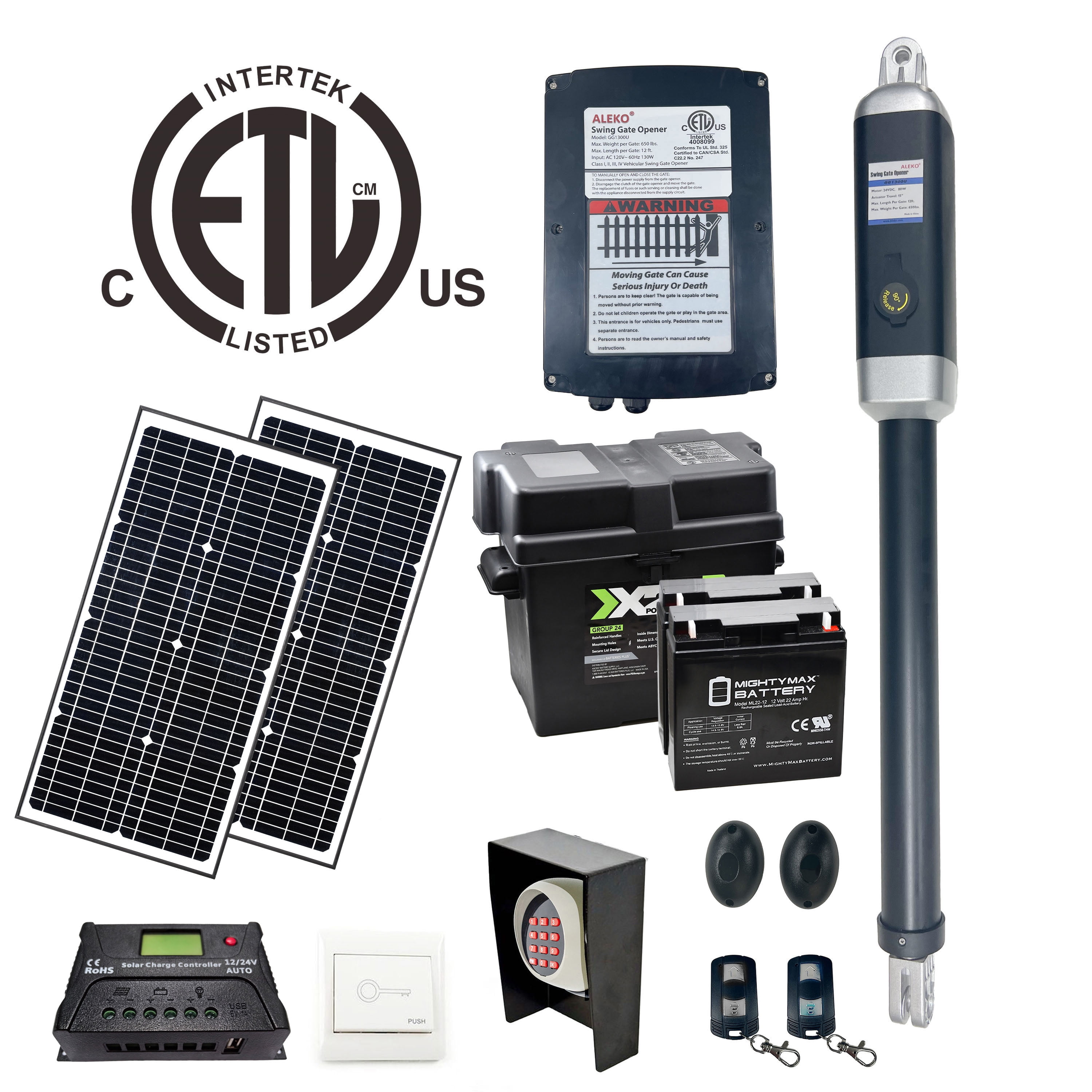 ALEKO ETL Solar Kit Single Swing Gate Opener with Backup Battery