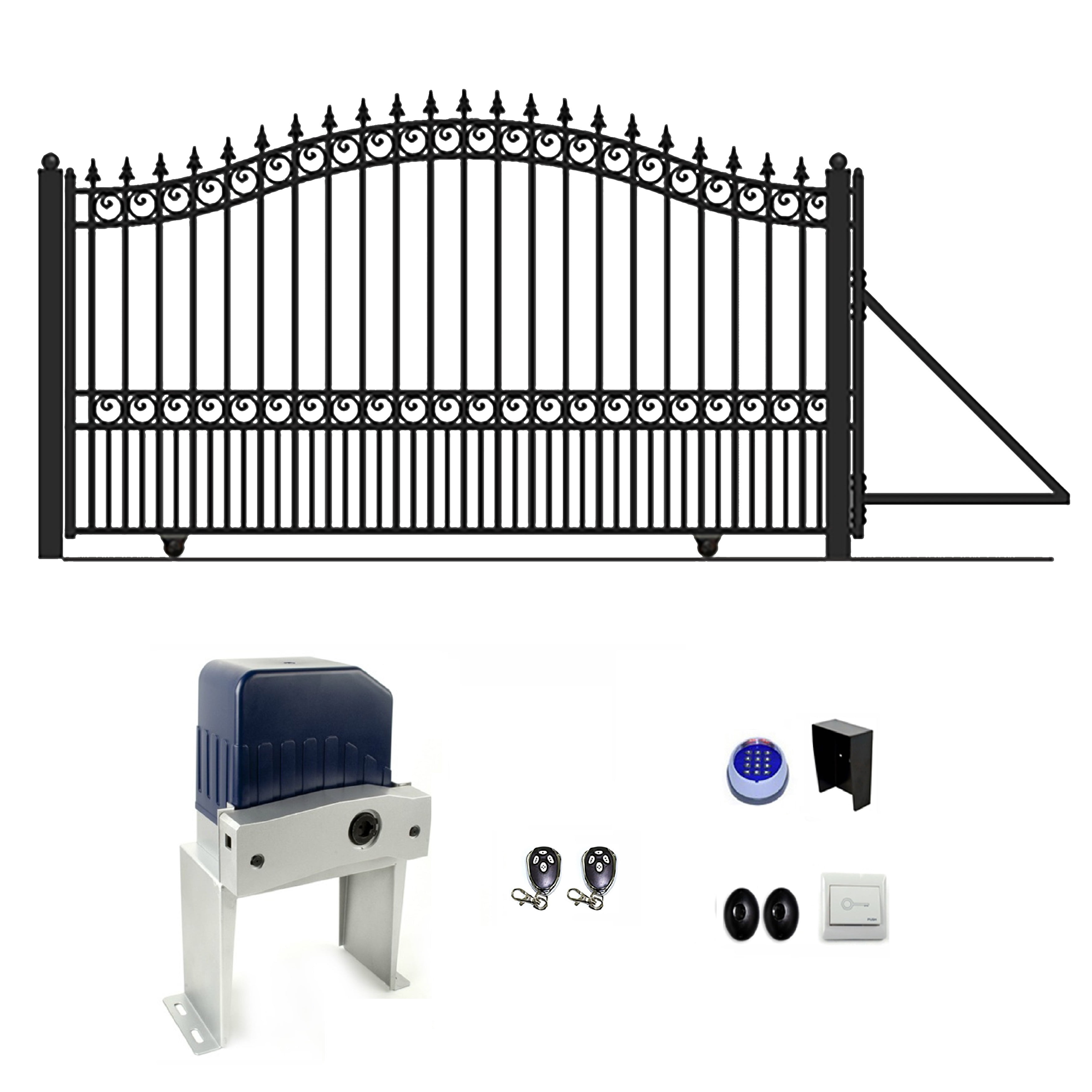London Style 12' Black Steel Sliding Driveway Gate with Opener