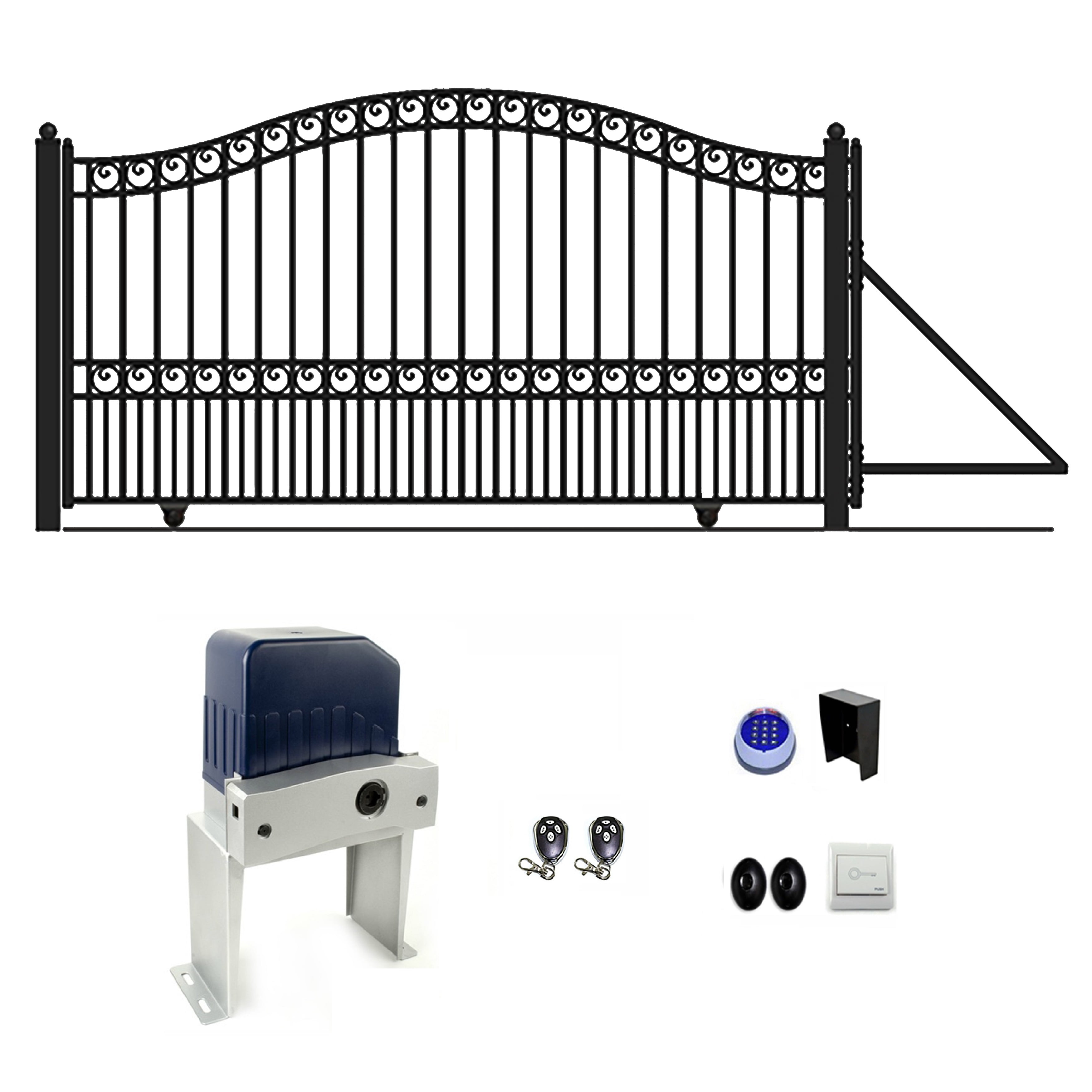 London Style 12' Black Steel Sliding Driveway Gate with Opener