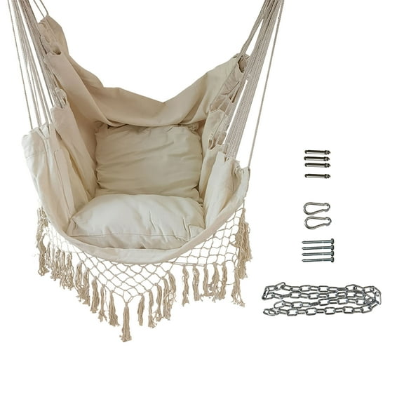 ALEKO Hanging Rope Swing Hammock Chair with Side Pocket and Wooden Spreader Bar, Ivory
