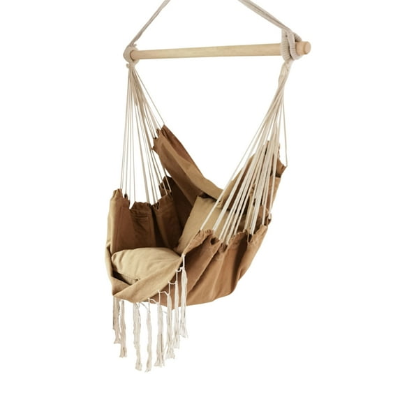 ALEKO Hanging Rope Swing Hammock Chair with Side Pocket and Wooden Spreader Bar, Khaki
